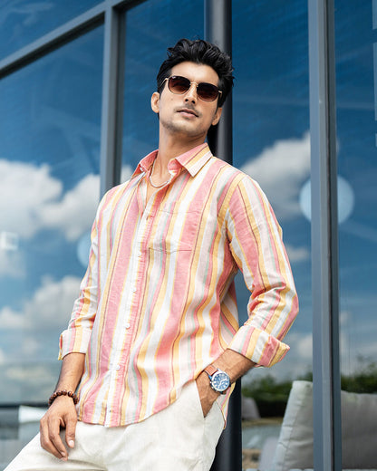 Sunrise Pink & Gold Full Sleeve Remi-Cotton Striped Shirt