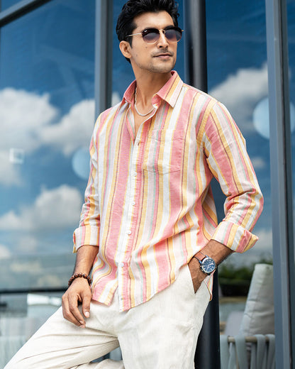 Sunrise Pink & Gold Full Sleeve Remi-Cotton Striped Shirt