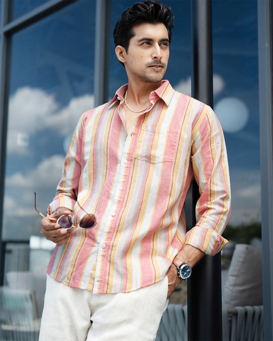Sunrise Pink & Gold Full Sleeve Remi-Cotton Striped Shirt
