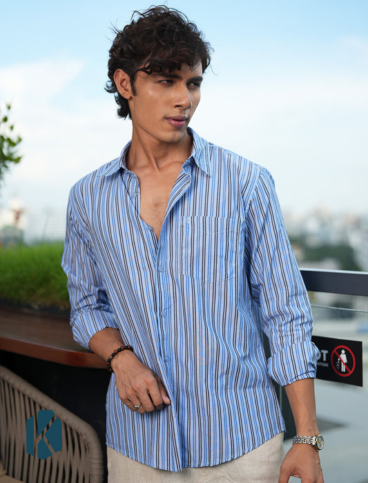 Blue - Black Stripes  Full Sleeve Cotton Shirt – Kairo