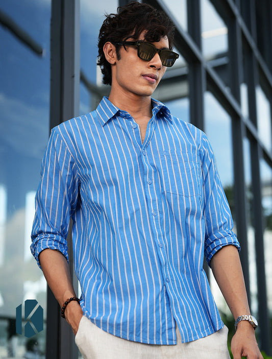 Blue & White Striped Cotton Full Sleeve Shirt – Kairo