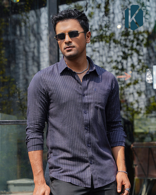 Premium Navy Blue Full Sleeve Shirt - Remi Cotton with Fine White Stripes