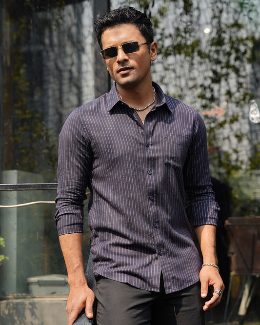 Premium Navy Blue Full Sleeve Shirt - Remi Cotton with Fine White Stripes