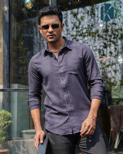 Premium Navy Blue Full Sleeve Shirt - Remi Cotton with Fine White Stripes