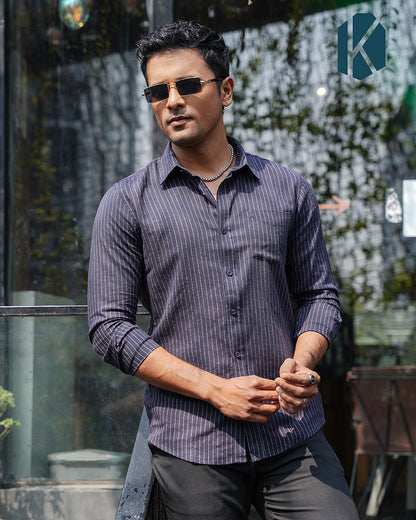 Premium Navy Blue Full Sleeve Shirt - Remi Cotton with Fine White Stripes