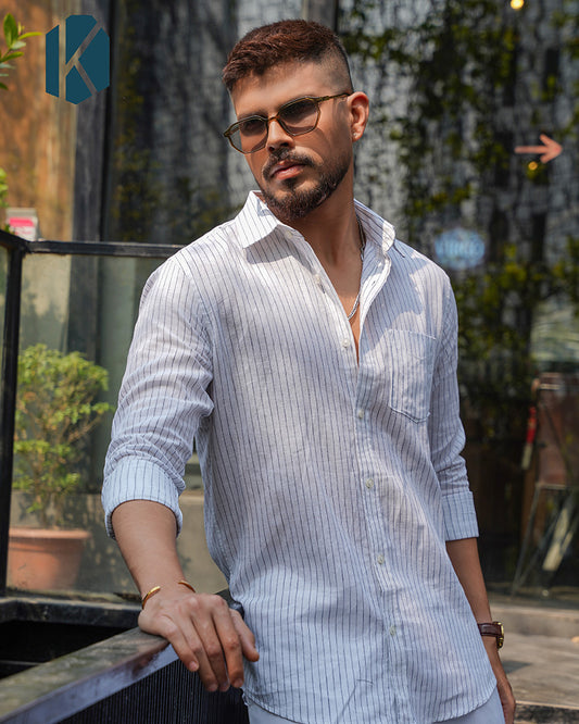 White Pinstripe Full Sleeve Shirt - Premium Remi Cotton