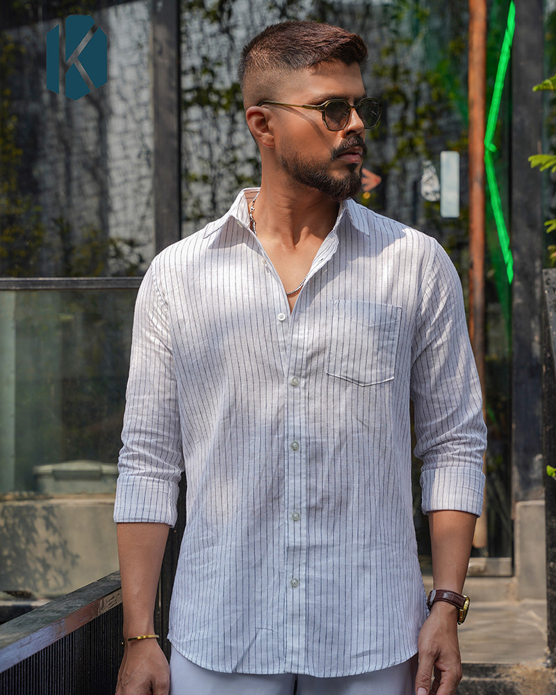 White Pinstripe Full Sleeve Shirt - Premium Remi Cotton