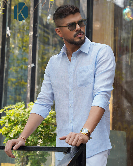 Sky Blue & White Stripe Full Sleeve Shirt - Premium Remi Cotton