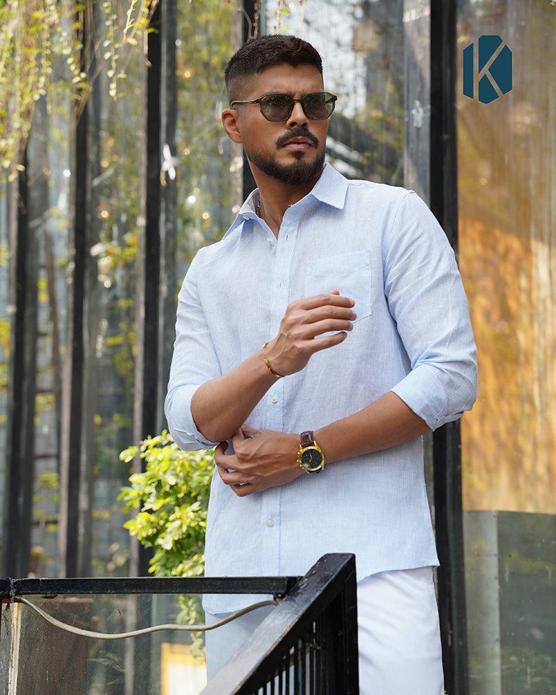 Sky Blue Fine Pinstripe Full Sleeve Shirt — Remi Cotton