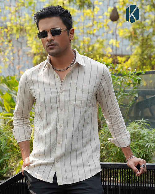 Beige & Black Stripe Full Sleeve Shirt - Premium Remi Cotton