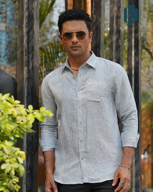 Deep Sky Blue Denim-Texture Full Sleeve Shirt - Premium Remi Cotton