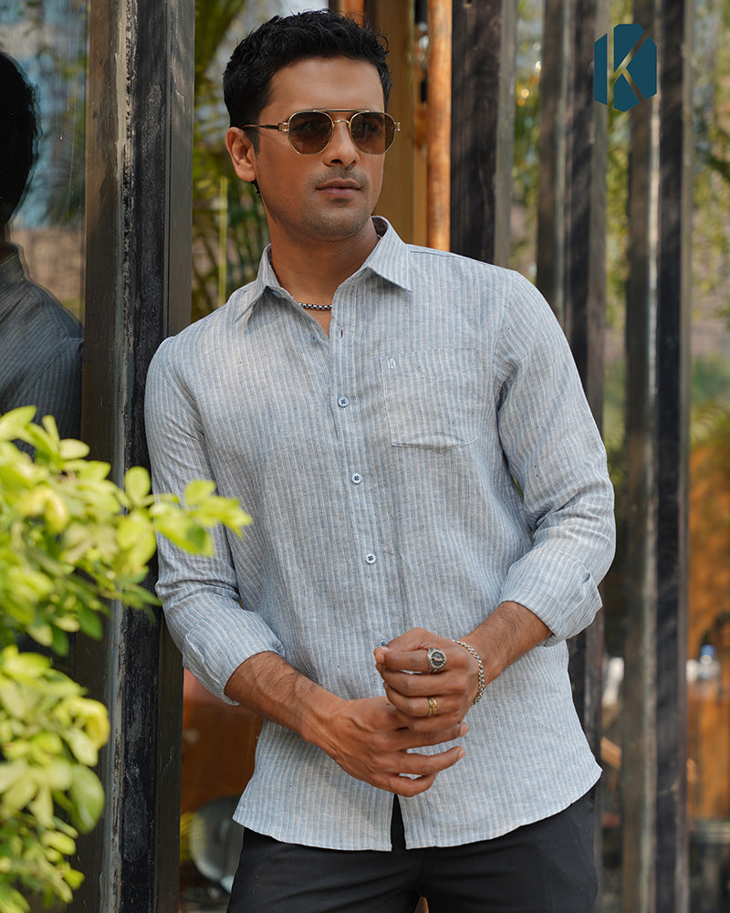 Deep Sky Blue Denim-Texture Full Sleeve Shirt - Premium Remi Cotton
