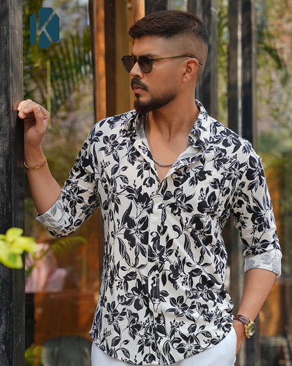 White Floral Print Full Sleeve Shirt - Premium Remi Cotton