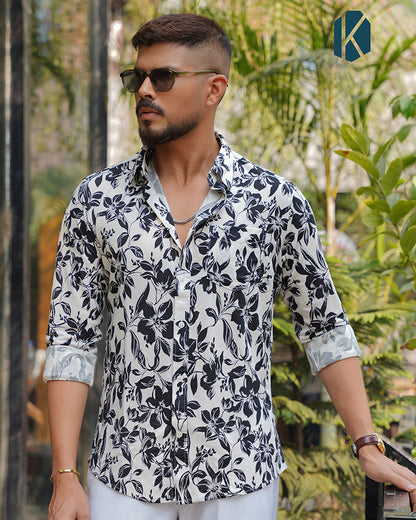 White Floral Print Full Sleeve Shirt - Premium Remi Cotton