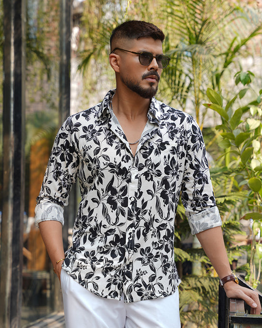 White Floral Print Full Sleeve Shirt - Premium Remi Cotton