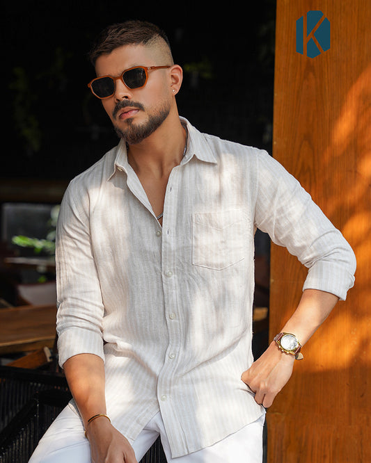 Cream & White Stripe Full Sleeve Shirt - Premium Fancy Cotton