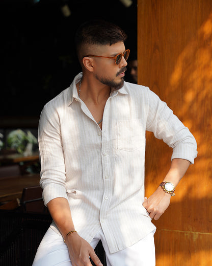Cream & White Stripe Full Sleeve Shirt - Premium Fancy Cotton
