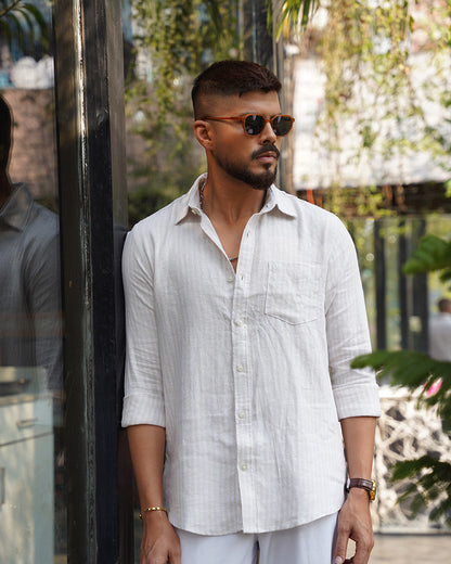 Cream & White Stripe Full Sleeve Shirt - Premium Fancy Cotton