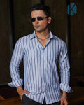 Steel Blue & White Stripe Full Sleeve Shirt - Premium Remi Cotton