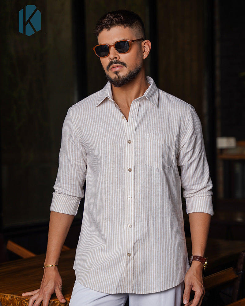 White & Beige Pinstripe Full Sleeve Shirt - Premium Remi Cotton