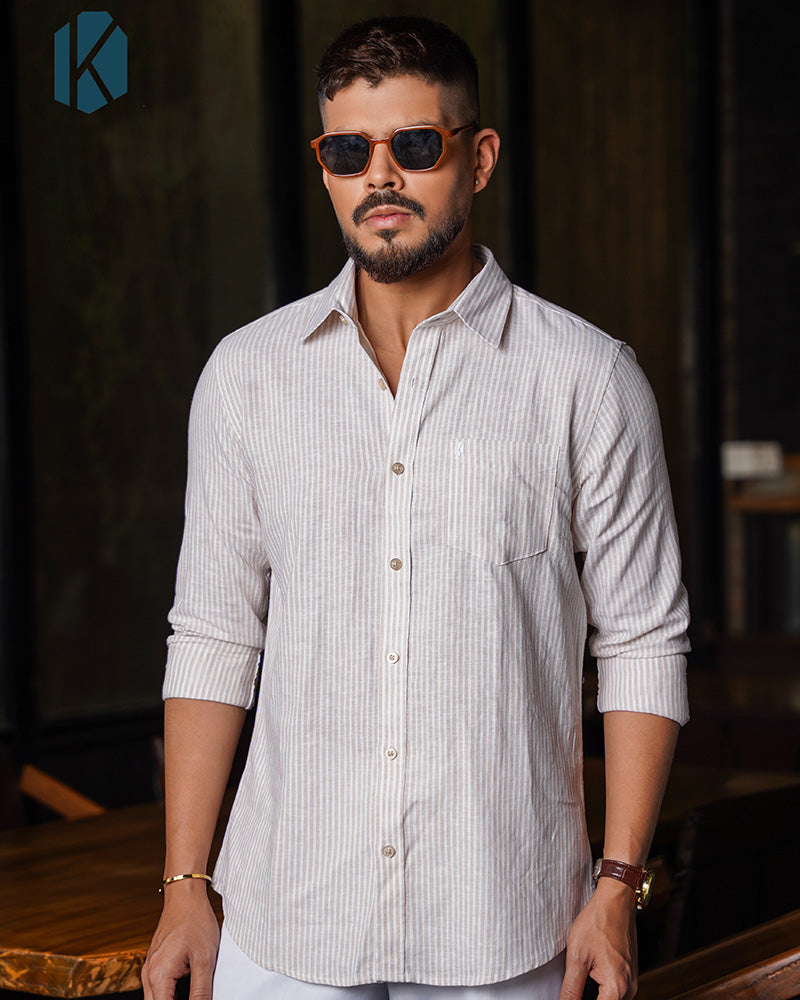 White & Beige Pinstripe Full Sleeve Shirt - Premium Remi Cotton