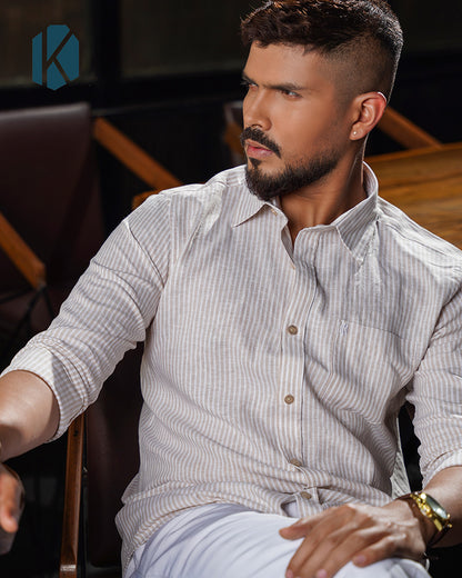 White & Beige Pinstripe Full Sleeve Shirt - Premium Remi Cotton