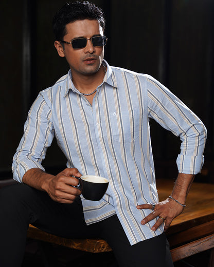 Sky Blue with Black and White Striped Remi Cotton Full Sleeve Shirt for Men – Fresh Smart-Casual Style