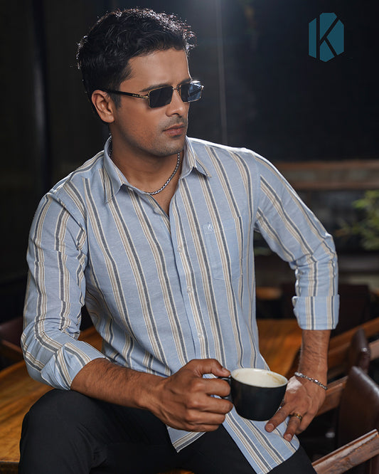 Sky Blue with Black and White Striped Remi Cotton Full Sleeve Shirt for Men – Fresh Smart-Casual Style