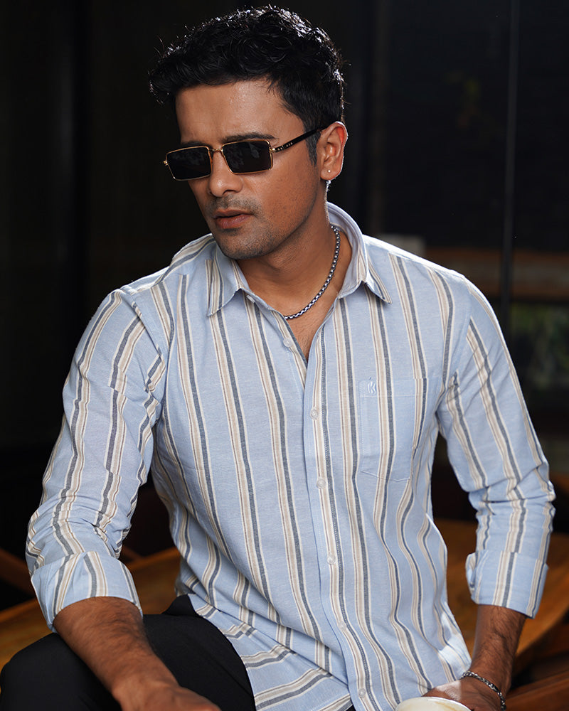 Sky Blue with Black and White Striped Remi Cotton Full Sleeve Shirt for Men – Fresh Smart-Casual Style