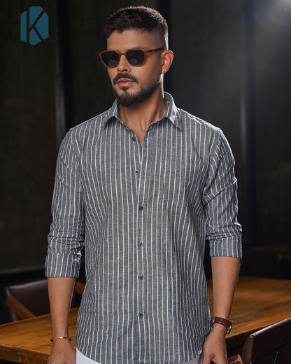 Charcoal Grey & White Stripe Full Sleeve Shirt - Premium Remi Cotton