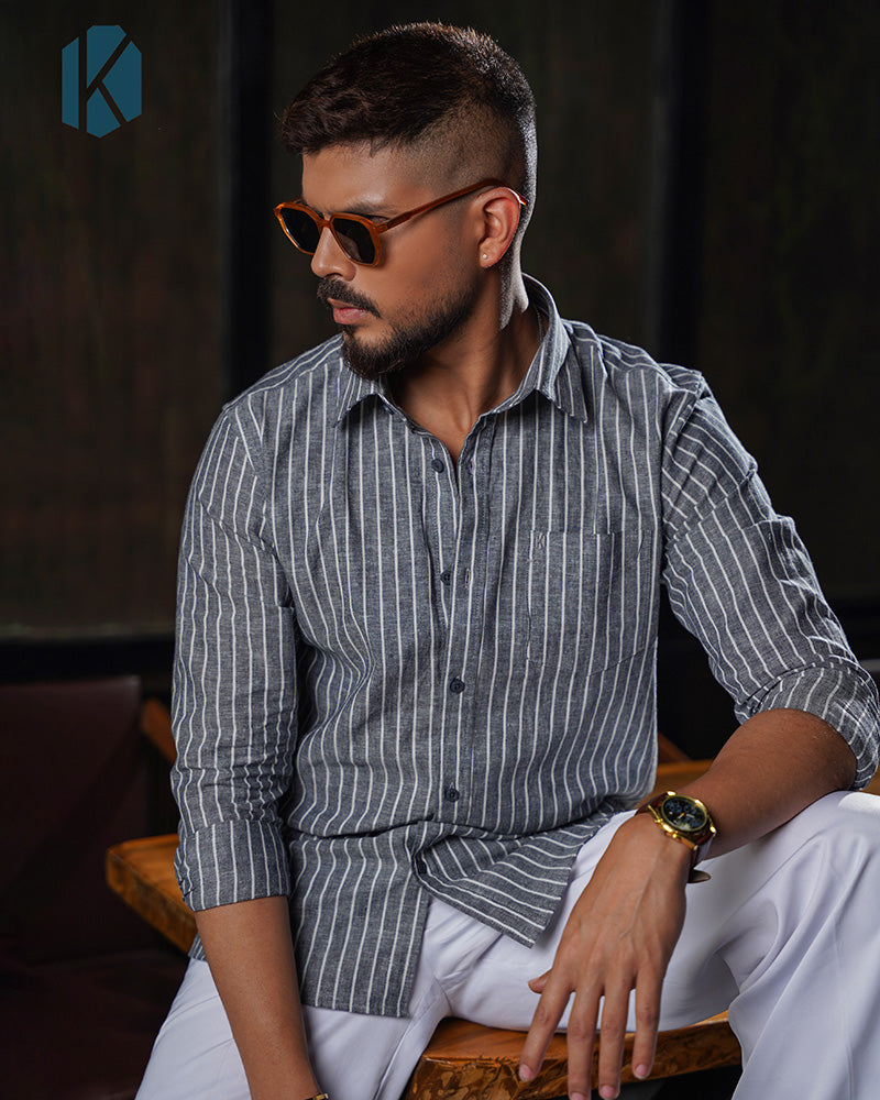 Charcoal Grey & White Stripe Full Sleeve Shirt - Premium Remi Cotton