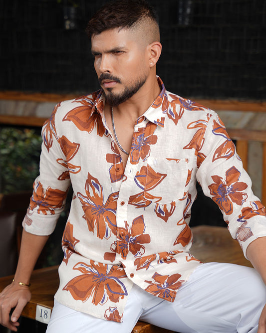 Off-White Bold Floral Print Remi Cotton Full Sleeve Shirt for Men – Artistic Statement Casual Style