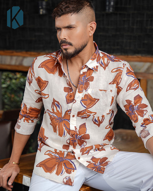 Off-White Bold Floral Print Remi Cotton Full Sleeve Shirt for Men – Artistic Statement Casual Style