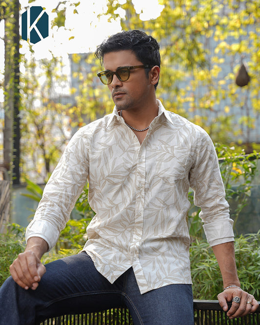 Off-White Botanical Leaf Print Remi Cotton Full Sleeve Shirt for Men – Natural & Effortlessly Stylish