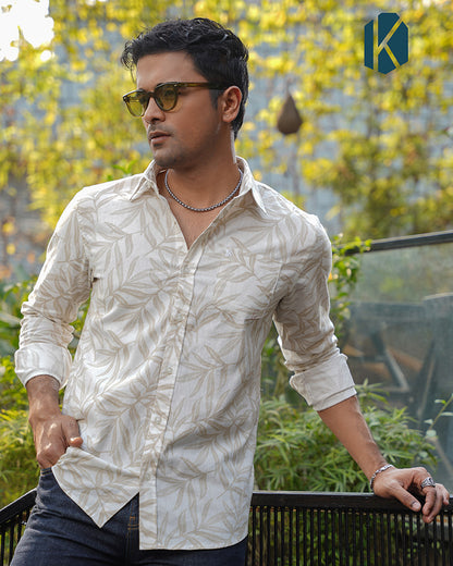 Off-White Botanical Leaf Print Remi Cotton Full Sleeve Shirt for Men – Natural & Effortlessly Stylish