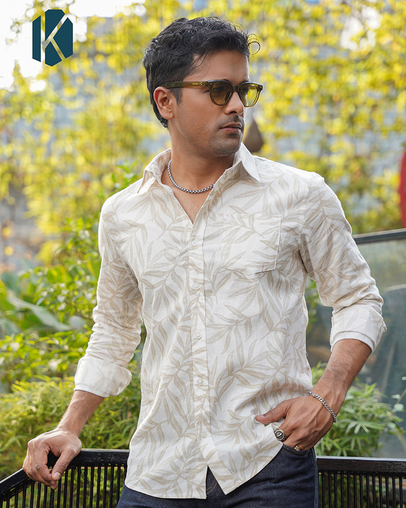 Off-White Botanical Leaf Print Remi Cotton Full Sleeve Shirt for Men – Natural & Effortlessly Stylish
