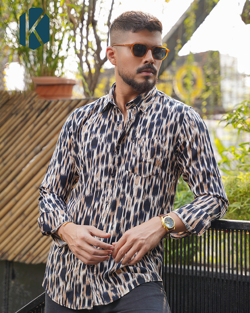 Black & Beige Ikat Abstract Print Remi Cotton Full Sleeve Shirt for Men – Bold Evening & Casual Style