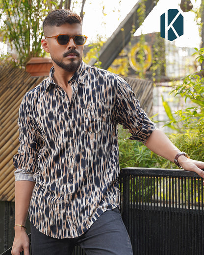 Black & Beige Ikat Abstract Print Remi Cotton Full Sleeve Shirt for Men – Bold Evening & Casual Style