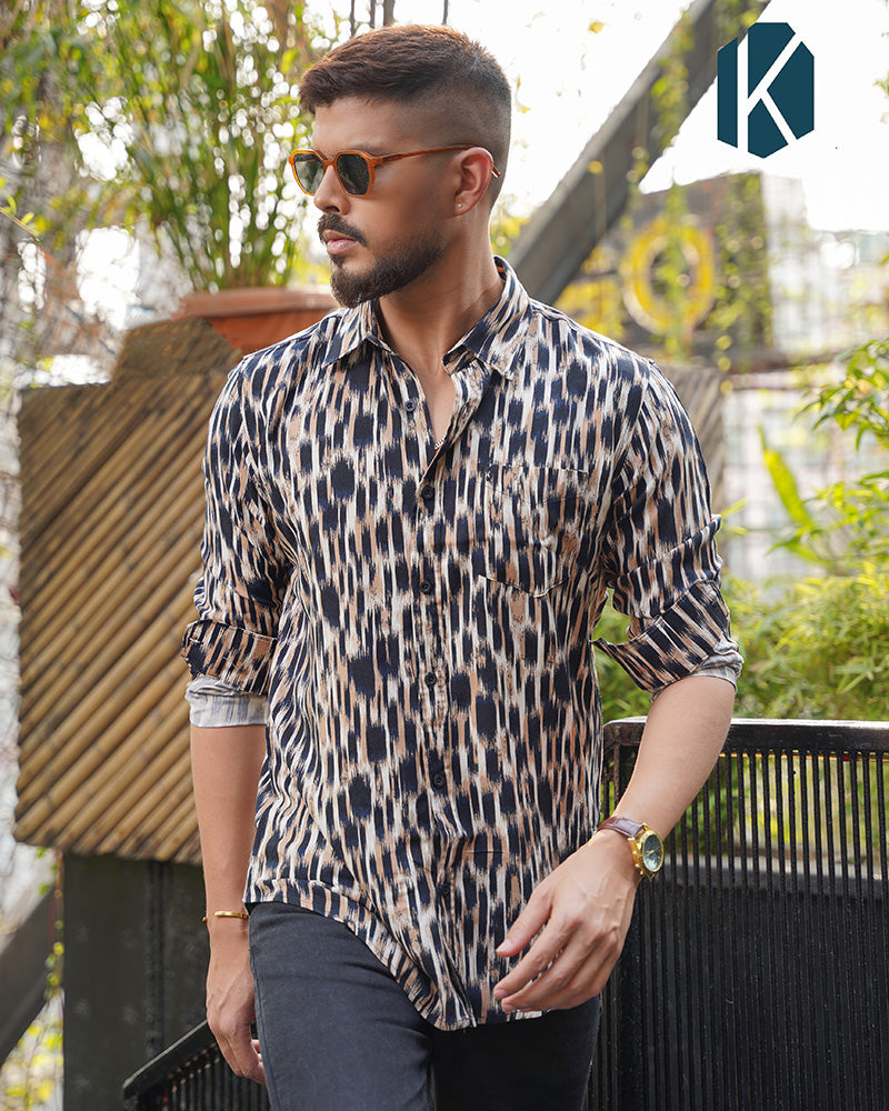 Black & Beige Ikat Abstract Print Remi Cotton Full Sleeve Shirt for Men – Bold Evening & Casual Style