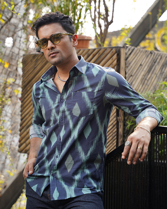 Navy Blue Ikat Print Remi Cotton Full Sleeve Shirt for Men – Bold Artistic Casual Style