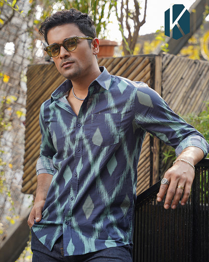Navy Blue Ikat Print Remi Cotton Full Sleeve Shirt for Men – Bold Artistic Casual Style