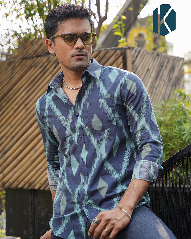Navy Blue Ikat Print Remi Cotton Full Sleeve Shirt for Men – Bold Artistic Casual Style