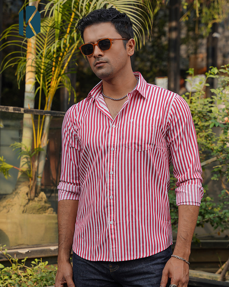 Red with White Striped Cotton Full Sleeve Shirt for Men – Bold Casual Style