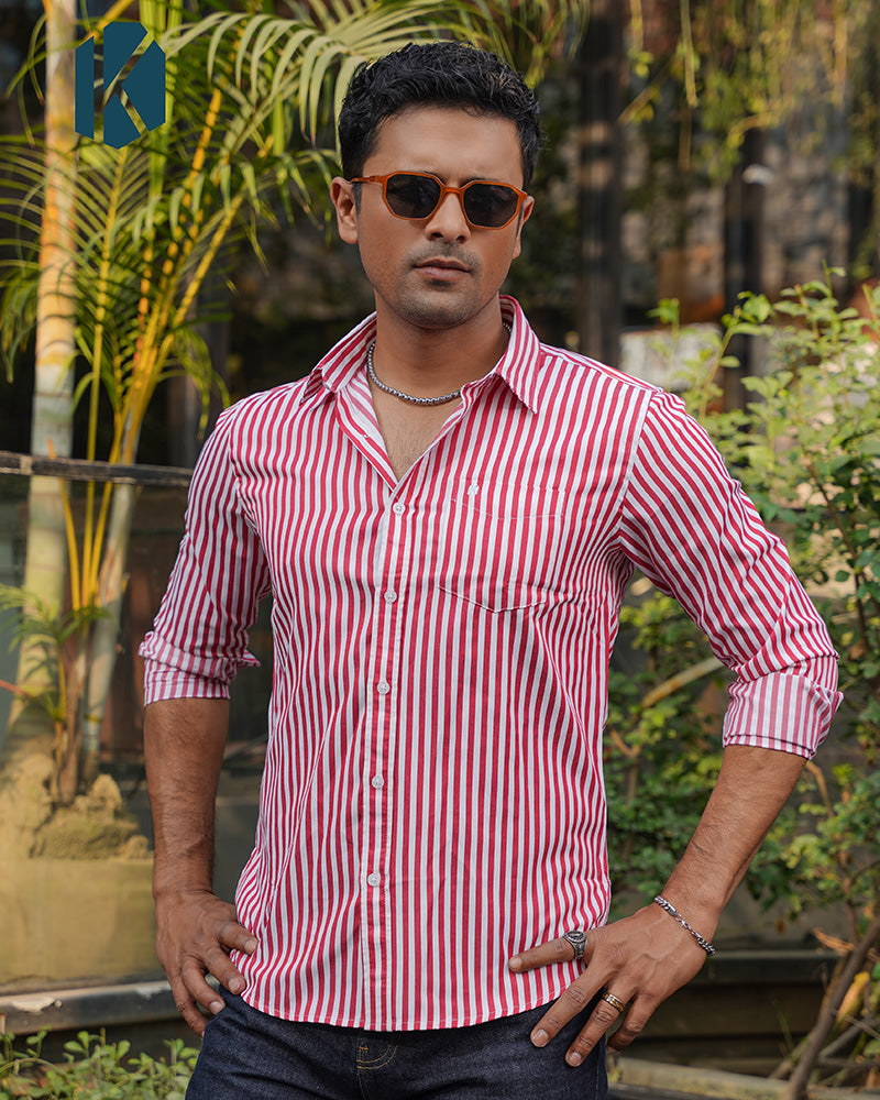 Red with White Striped Cotton Full Sleeve Shirt for Men – Bold Casual Style