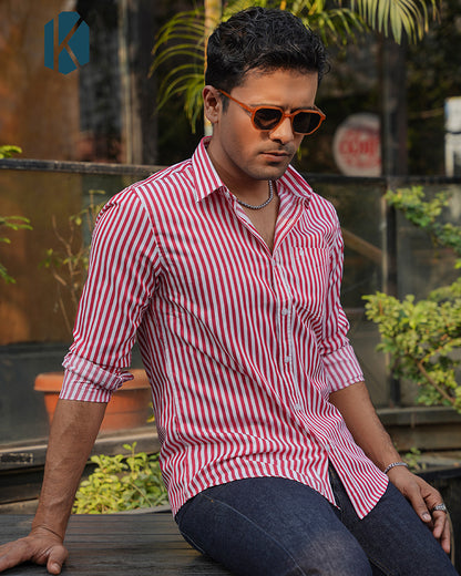Red with White Striped Cotton Full Sleeve Shirt for Men – Bold Casual Style