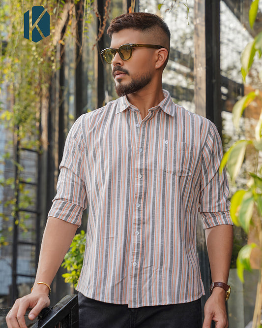 White with Terracotta & Grey Striped Remi Cotton Full Sleeve Shirt for Men – Casual Smart Style