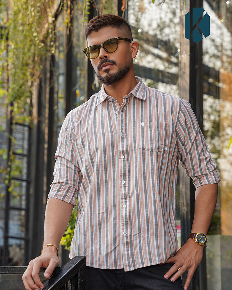 White with Terracotta & Grey Striped Remi Cotton Full Sleeve Shirt for Men – Casual Smart Style