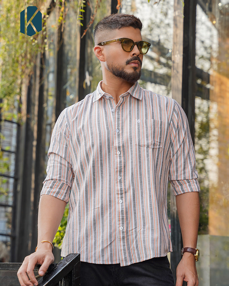 White with Terracotta & Grey Striped Remi Cotton Full Sleeve Shirt for Men – Casual Smart Style