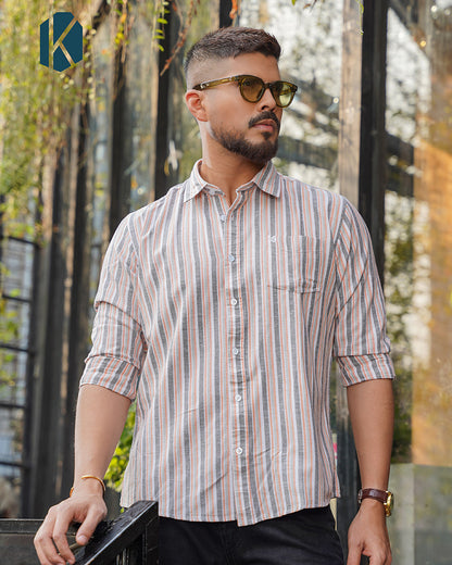 White with Terracotta & Grey Striped Remi Cotton Full Sleeve Shirt for Men – Casual Smart Style