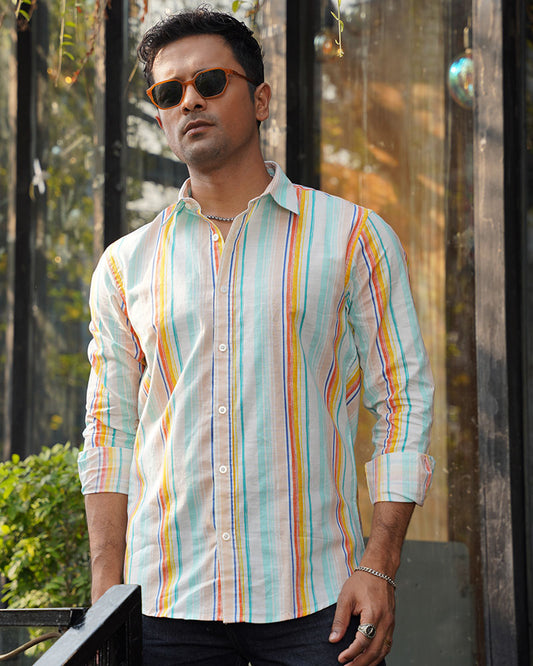 White Multi-Color Striped Remi Cotton Full Sleeve Shirt for Men – Bold Casual Weekend Style